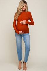 Rust Textured Knit Ruffle Mock Neck Maternity Top