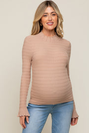 Taupe Textured Knit Ruffle Mock Neck Maternity Top