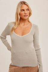 Heather Grey Ribbed V-Neck Long Sleeve Top