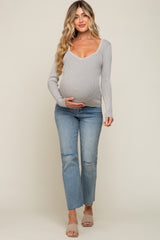 Heather Grey Ribbed V-Neck Long Sleeve Maternity Top