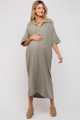 Olive Oversized Button Down Maternity Midi Dress