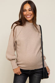 Beige Knit Long Sleeve Mock Neck Maternity Top