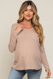 Beige Ribbed Knit Maternity Long Sleeve Top