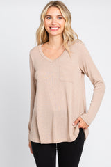 Beige Ribbed Knit Long Sleeve Top