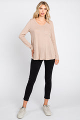 Beige Ribbed Knit Long Sleeve Top