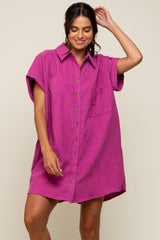 Magenta Ribbed Button Down Mini Dress