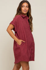 Burgundy Ribbed Button Down Maternity Mini Dress