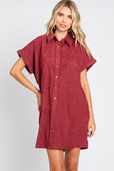 Burgundy Ribbed Button Down Maternity Mini Dress