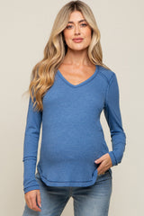 Blue Long Sleeve Knit Curved Hem Maternity Top