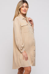 Beige Vintage Wash Maternity Shirt Dress