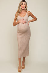 Taupe Ribbed Sleeveless Maternity Midi Dress