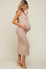 Taupe Ribbed Sleeveless Maternity Midi Dress