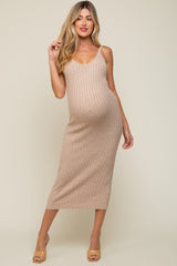 Taupe Ribbed Sleeveless Maternity Midi Dress