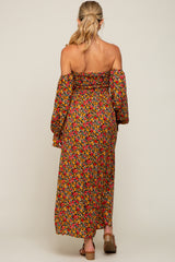 Red Floral Long Sleeve Maternity Maxi Dress