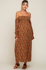 Red Floral Long Sleeve Maternity Maxi Dress