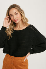 Black Crochet Dolman Sleeve Sweater