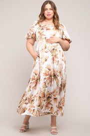 Cream Floral Satin Puff Sleeve Maternity Plus Maxi Dress