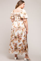 Cream Floral Satin Puff Sleeve Maternity Plus Maxi Dress