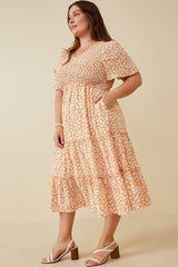 Peach Floral Tiered Plus Midi Dress