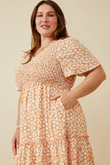 Peach Floral Tiered Plus Midi Dress