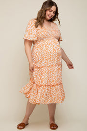 Peach Floral Tiered Maternity Plus Midi Dress