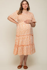 Peach Floral Tiered Maternity Plus Midi Dress