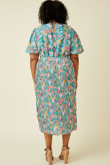 Teal Floral Pleated Plus Size Midi Dress