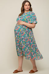 Teal Floral Pleated Maternity Plus Size Midi Dress