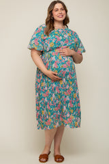 Teal Floral Pleated Maternity Plus Size Midi Dress