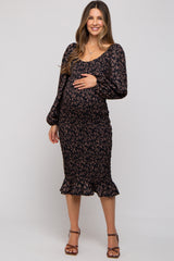 Black Floral Smocked Fitted Long Sleeve Maternity Midi Dress