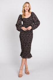 Black Floral Smocked Fitted Long Sleeve Midi Dress