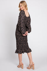 Black Floral Smocked Fitted Long Sleeve Midi Dress