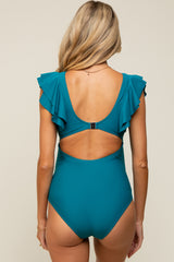 Teal Cutout Layered Flounce Sleeve Maternity One Piece Swimsuit