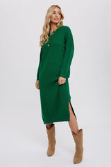 Hunter Green Waffle Knit Button Long Sleeve Midi Dress