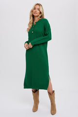 Hunter Green Waffle Knit Button Long Sleeve Midi Dress