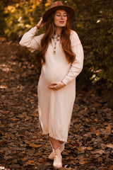 Cream Waffle Knit Button Long Sleeve Maternity Midi Dress