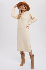 Cream Waffle Knit Button Long Sleeve Maternity Midi Dress