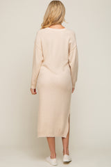 Cream Waffle Knit Button Long Sleeve Maternity Midi Dress