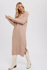 Taupe Waffle Knit Button Long Sleeve Midi Dress