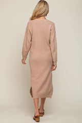 Taupe Waffle Knit Button Long Sleeve Maternity Midi Dress