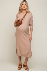 Taupe Waffle Knit Button Long Sleeve Maternity Midi Dress