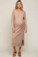 Taupe Waffle Knit Button Long Sleeve Maternity Midi Dress