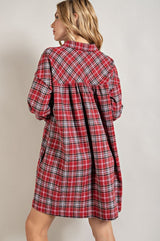 Burgundy Plaid Button Front Long Sleeve Dress