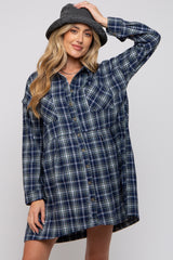 Navy Plaid Button Front Long Sleeve Maternity Dress