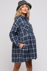 Navy Plaid Button Front Long Sleeve Maternity Dress