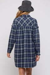 Navy Plaid Button Front Long Sleeve Maternity Dress