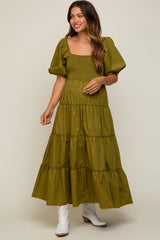 Light Olive Square Neck Smocked Puff Short Sleeve Tiered Maternity Midi Dress