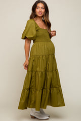 Light Olive Square Neck Smocked Puff Short Sleeve Tiered Maternity Midi Dress