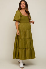 Light Olive Square Neck Smocked Puff Short Sleeve Tiered Maternity Midi Dress