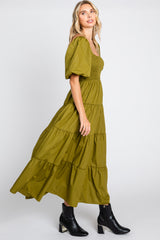 Light Olive Square Neck Smocked Puff Short Sleeve Tiered Midi Dress